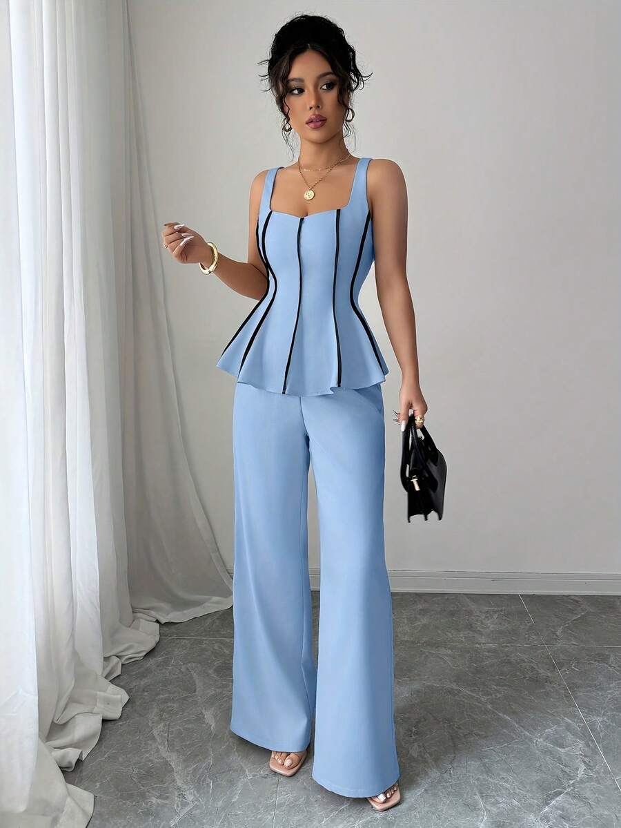 Conjunto de pantalón y camiseta de mujer de unicolor y elegante - Azul cielo - Ver 1