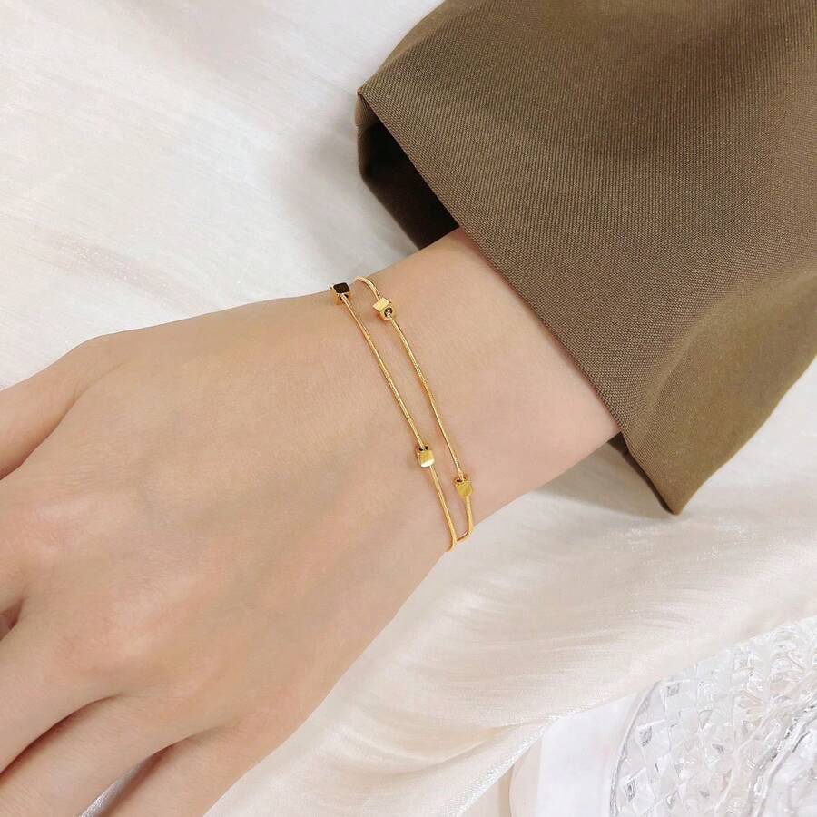 High-Quality Women's Necklace, Simple, Gold, Three-Dimensional, Small, Square, Double-Layer, Snake Bone Bracelet, 18k Stainless Steel, Does Not Fade, Fashionable - 金色 - 查看 1