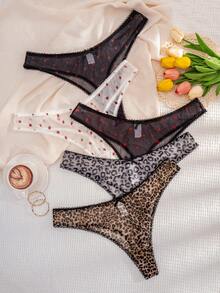 5pcs Women's Plus Size Solid Color, Leopard, Strawberry, Heart, Bow Comfortable Thong Panties - Multicolor - View 4