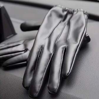 1 双男士纯色 PU 皮手套冬季保暖防水防风防滑户外驾驶骑行手套冬季装备蓬松