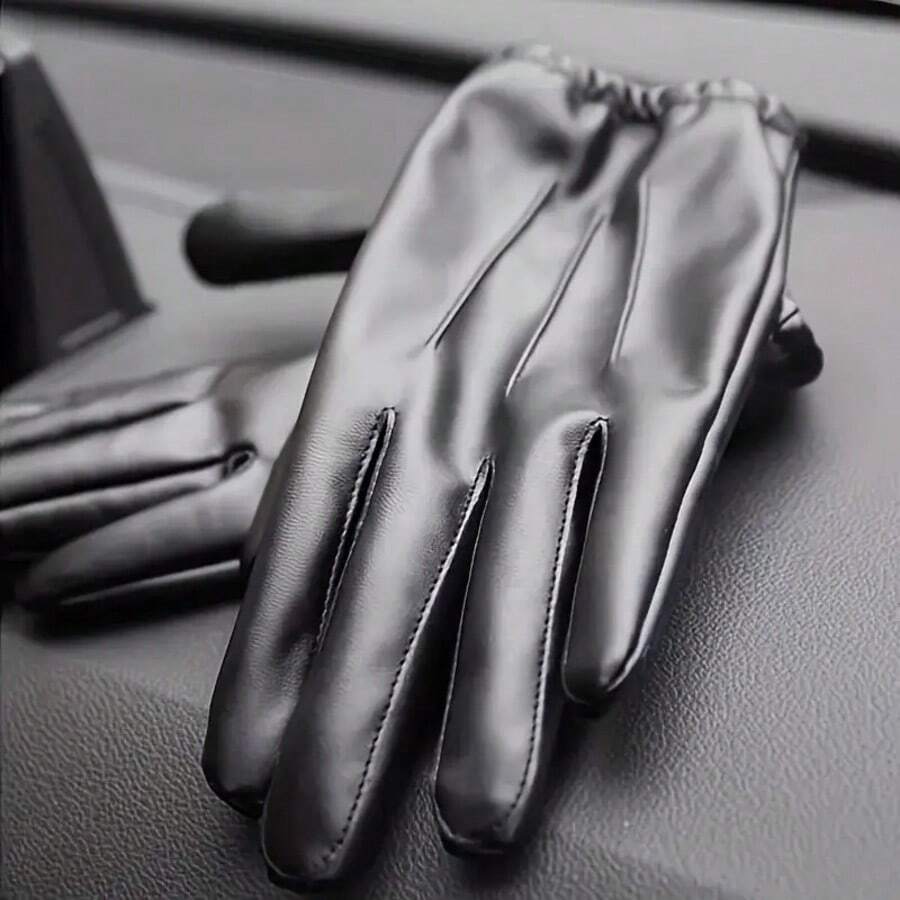 1 Pair Men's Solid Color PU Leather Gloves, Winter Warm Waterproof Windproof Non-Slip Outdoor Driving Riding Gloves Winter Outfits Fluffy - PU Pleated Style - View 1