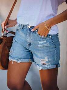 Women's Distressed Frayed Hem Casual Denim Shorts - Light Wash - View 3