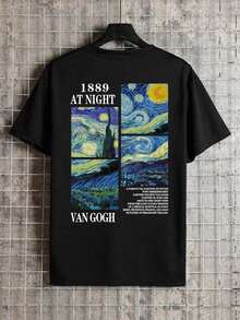 Camicia estiva da uomo a maniche corte, girocollo, con stampa di slogan e dipinti - nero - Visualizzare 8