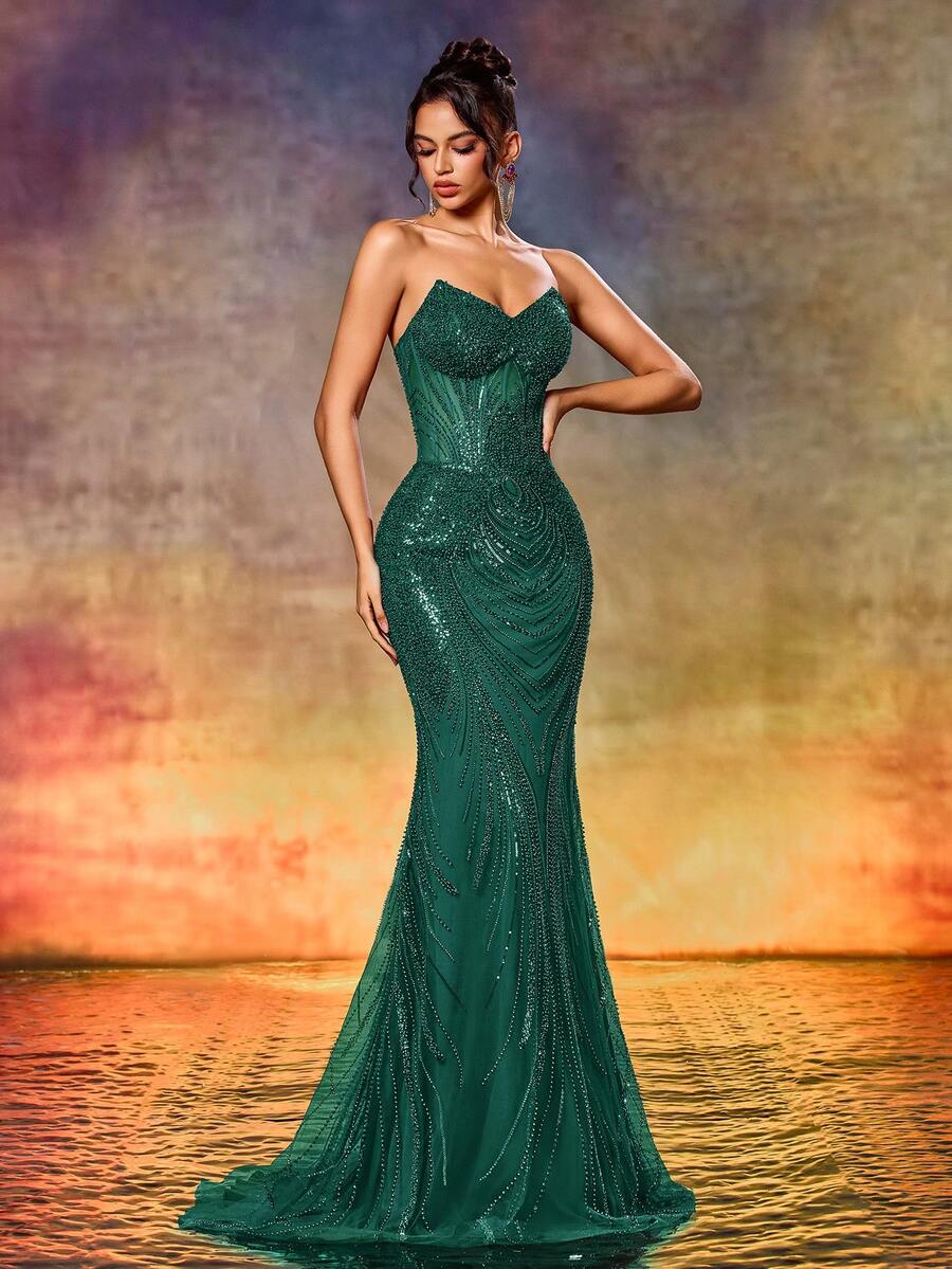 女士甜心领串珠礼服，优雅单肩鱼尾裙，适合正式晚宴、派对、颁奖典礼、婚礼等场合。