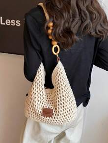 Elegant Vacation Style Bead Crochet Bag &Shoulder Bag& Hollowed Out Tote Bag For Women ,Wooden Handle Woven Handbag, Perfectly Matching With Crochet Set, Vacation Essentials, Perfectly Matching With Beach Accessories Women, Beach Necessities,Beach Essentials,Beach Stuff & Summer Essentials, Hottest Beach Bags - Beige - View 2