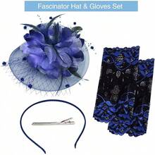 Ibeauti Fascinator Hats With Screentouch Lace Gloves Set Women Tea Party Cocktail Wedding Derby Headwear Short Gloves - Blue-lace Gloves - 查看 2
