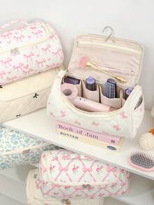 1 件大容量绗缝化妆品和吹风机收纳袋便携式旅行洗漱用品收纳旅行收纳盒旅行洗漱用品包带多个口袋适合风干机、4 个卷发筒、2 个平滑刷、丰盈刷、轻便旅行手提箱用于头发时尚简约旅行化妆收纳袋 - 彩色 - 查看 2