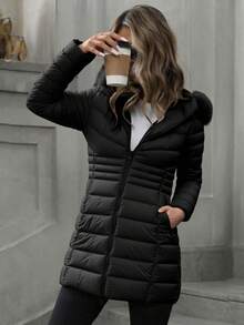 Giolshon 女士休闲连帽羽绒服，带口袋，轻便羽绒服，适合日常穿着，黑色，冬季款 - 黑色 - 查看 5