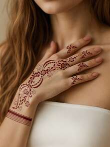 2 Sheets Henna Tattoo Stencils Flora Pattern Stencil Stickers Hollow Tattoo Sticker Stencils Mehndi Designs For Hand For Women Girls Body Art Painting,Formulated Without Henna - Black - View 3