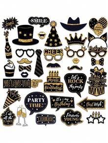 36 PCS Birthday Photo Booth Props Party Supplies Holiday Picture Decorations Photo Booth Props For Birthday Party Favors Pose Sign Kit Fun For Party (Silver And Black /Gold And Black) - Multicolor - View 2