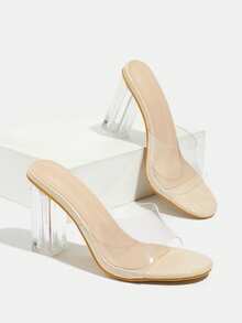 Women's Thick Heel Mules Sandals, Summer Breathable Slip On Clogs, Sexy Transparent Casual Versatile Open Toe Elegant & Comfortable High Heels - Apricot - View 5
