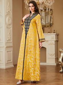 Women's Middle Eastern Ramadan Ramadan Embroidered Patchwork Long Sleeve Dress, Elegant Abaya For Formal Occasions, Autumn/Winter