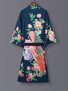 Peacock Floral Digital Print Vintage Elegant Women Long Cardigan Kimono Dress, Figure-Flattering Mid-Long Kimono Robe, Lightweight Kimono Cardigan For Spring/Summer, Casual Beach Sunscreen Coat - Navy Blue - View 1