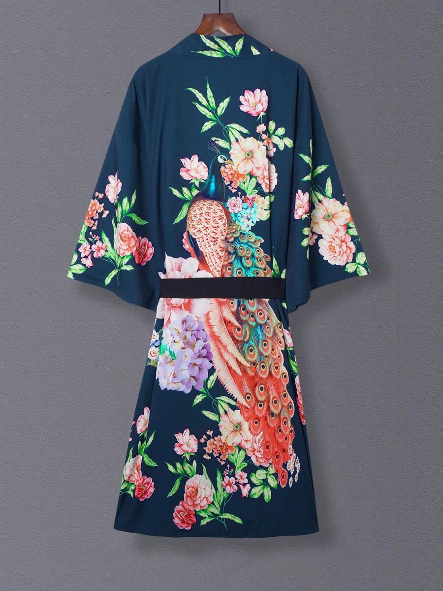 Peacock Floral Digital Print Vintage Elegant Women Long Cardigan Kimono Dress, Figure-Flattering Mid-Long Kimono Robe, Lightweight Kimono Cardigan For Spring/Summer, Casual Beach Sunscreen Coat - Navy Blue - View 1