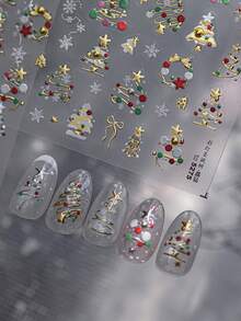 1 pieza Pegatinas de arte de uñas 5D Navidad, pegatinas de arte de uñas 5D con relieve, pegatinas de uñas brillantes doradas con árbol de Navidad, renos, corona y copos de nieve para mujeres y niñas, suministros de manicura DIY para vacaciones de invierno