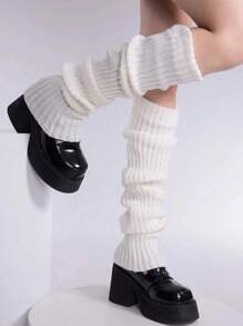 1 Pair Women's Solid Vertical Striped Leg Warmers, Thin Design Suitable For Spring, Autumn, Winter, Cozy Socks