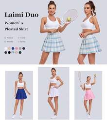 Women Pleated Skirt Tennis Golf Skorts With Lining Shorts Athletic Pleated Skirts For Women - 藍色格子 - 查看 2