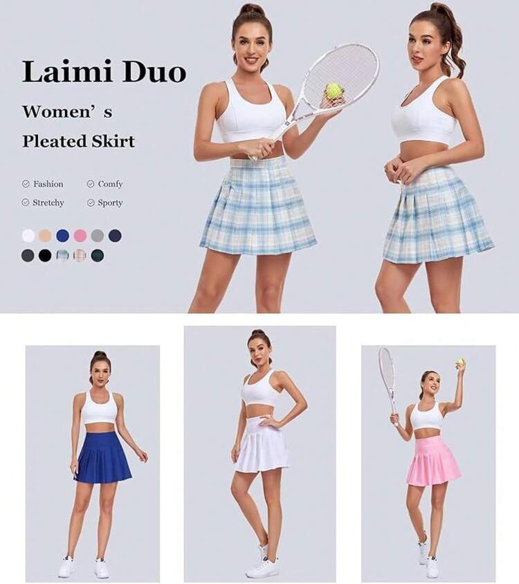 Women Pleated Skirt Tennis Golf Skorts With Lining Shorts Athletic Pleated Skirts For Women - 藍色格子 - 查看 2