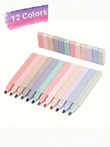 12pcs Morandi Aesthetic Square Fluorescent Pens, Soft Tip Slanted Highlighters, Pastel Fluorescent Markers, Non-Bleeding, Quick-Drying, Suitable For Journaling And Note-Taking