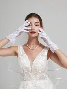 1 双蕾丝蝴蝶结新娘手套仿珍珠乳白色短款手指手套蕾丝立体刺绣优雅下午茶舞会礼服配饰照片道具情人节情人