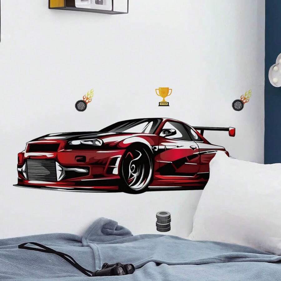 Red Sports Car Cartoon Wall Sticker, Suitable For Hotel, Homestay, Office, Bedroom, Living Room Wall Decor, Self-Adhesive And Removable - Multicolor - View 1
