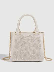 Moonlight White Faux Pearl Embroidered Mini Handbag, Exquisite Floral Embossed Evening Bag , Gifts For Women - White - View 2