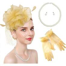 Ibeauti Fascinator Hats With Screentouch Lace Gloves Set Women Tea Party Cocktail Wedding Derby Headwear Short Gloves - 04 Yellow - 查看 1