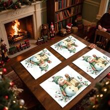 1 pieza/4 piezas/6 piezas Manteles individuales con diseño de acebo, muñeco de nieve y bayas de Navidad, manteles individuales rectangulares de poliéster lavables a máquina, protectores de mesa, manteles individuales aislantes, decoraciones de restaurante, decoraciones de mesa, artículos para fiestas, decoraciones navideñas, decoración del hogar - Multicolor - Ver 2