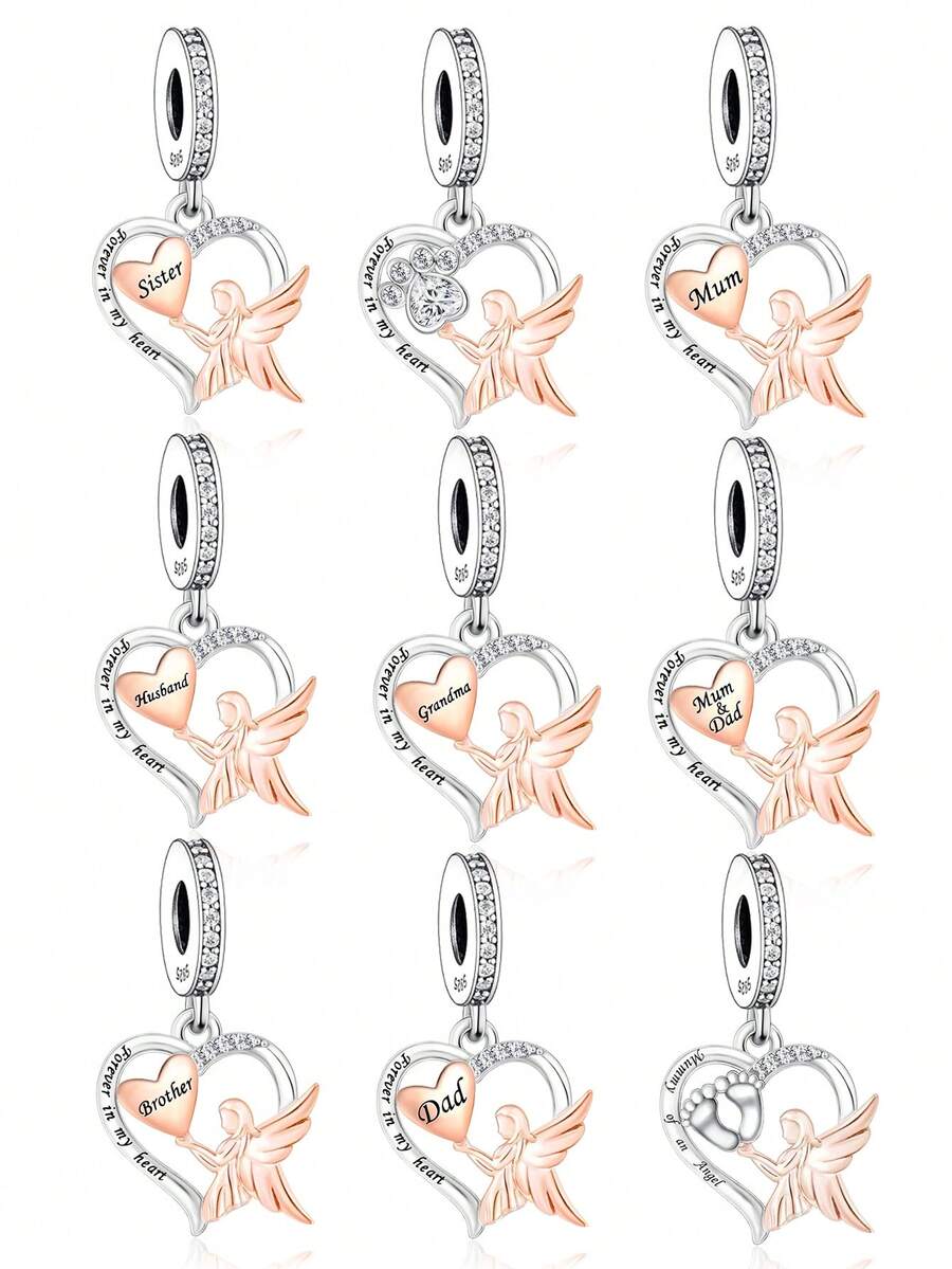 A Fashionable 925 Sterling Silver Piece With Zirconia Inlay, Electric Rose Gold And Platinum Color Separation, Love, Family, Bead Pendant, Silver Jewelry, Gift Giving - Silver - View 1