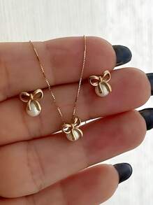 3 件蝴蝶结和人造珍珠耳环、吊坠项链首饰套装，适合女士，适合姐妹、度假、约会、生日礼物、休闲、派对 - style1 - 查看 4