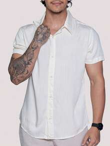 Linen Shirt Short Sleeve Formal Summer Fresh Italian Collar Elegant In Visco-Linen - White - View 1
