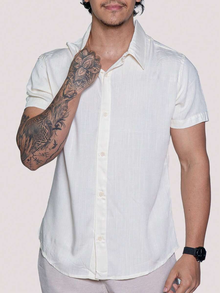 Linen Shirt Short Sleeve Formal Summer Fresh Italian Collar Elegant In Visco-Linen - White - View 1