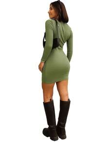 Short Tube Dress Ribbed Knit Long Sleeve High Neck Elegant Winter - Màu xanh Ô liu - Xem 2