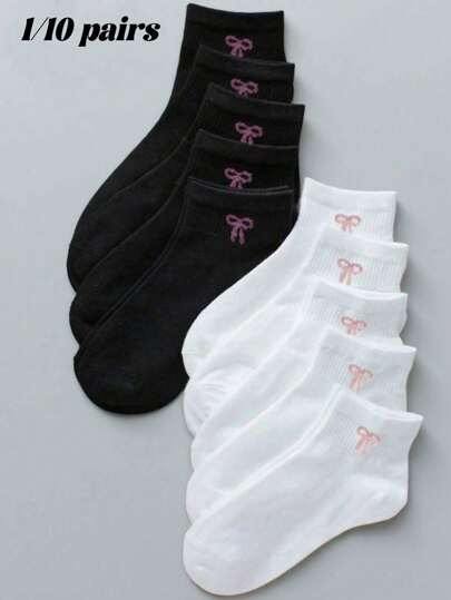 1/10 双女士蝴蝶结袜 运动袜 白/黑/灰短袜 隐形袜 纯色简约风格 适合日常休闲穿着
