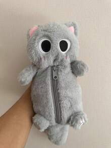 1pc Large Capacity Gray Cat Plush Pencil Case - Soft & Thick Polyester Zipper Pencil Pouch, Adorable Cartoon Design, Ideal For School & Office Supply Storage, Kitty Stationery Bag, Desktop Accessory | Playful Cat Design | Durable Zipper, Cat Accessory