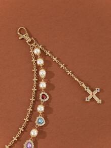 1pc Punk Style Faux Pearl & Rhinestone Heart Cross Pendant Jeans Chain, Unisex Street Fashion Party Waist Chain Accessory