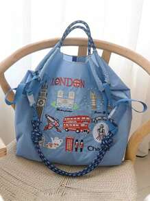 1pc New Fashion Embroidered Pattern Nylon Large Capacity Foldable Shopping Bag, Suitable For Commuting, Party, Adjustable Shoulder Strap Tote Bag, Bags For Ladies Fashionable