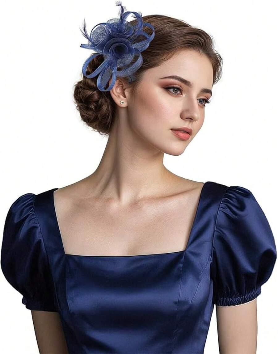 Fascinators Hats Women,Tea Party Fascinator Hair Clip With Feathers Wedding,Derby Hats Headbands - Ha9589-海軍藍 - 查看 1