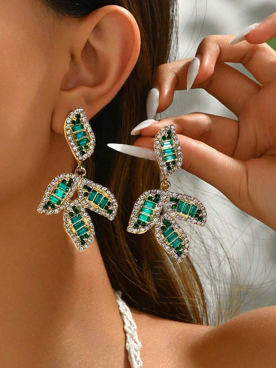 1 Pair Green Crystal Coconut Leaf Dangle Earrings, Bohemian Style Jewelry For Beach Vacation, Elegant And Charming, Suitable For Gifts And Daily Wear