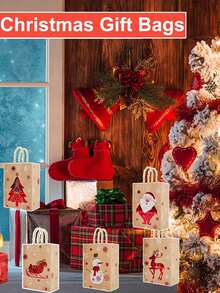 12Pcs Christmas Gift Bags With Handles,Reusable Christmas Gift Bags,Santa Claus Snowman Bells Christmas Tree Pattern Kraft Paper Bags,Party Favor Bags