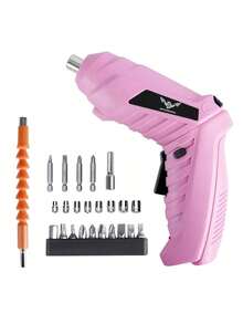 Electric Screwdriver Cordless Rechargeable Pink Small Power Drill Set 3.6V Li-Ion 3.5N.M Max Torque Electric Rotatable With Case LED Light Screwdriver For Home Office DIY Tools (Pink) - 26pcs - View 1