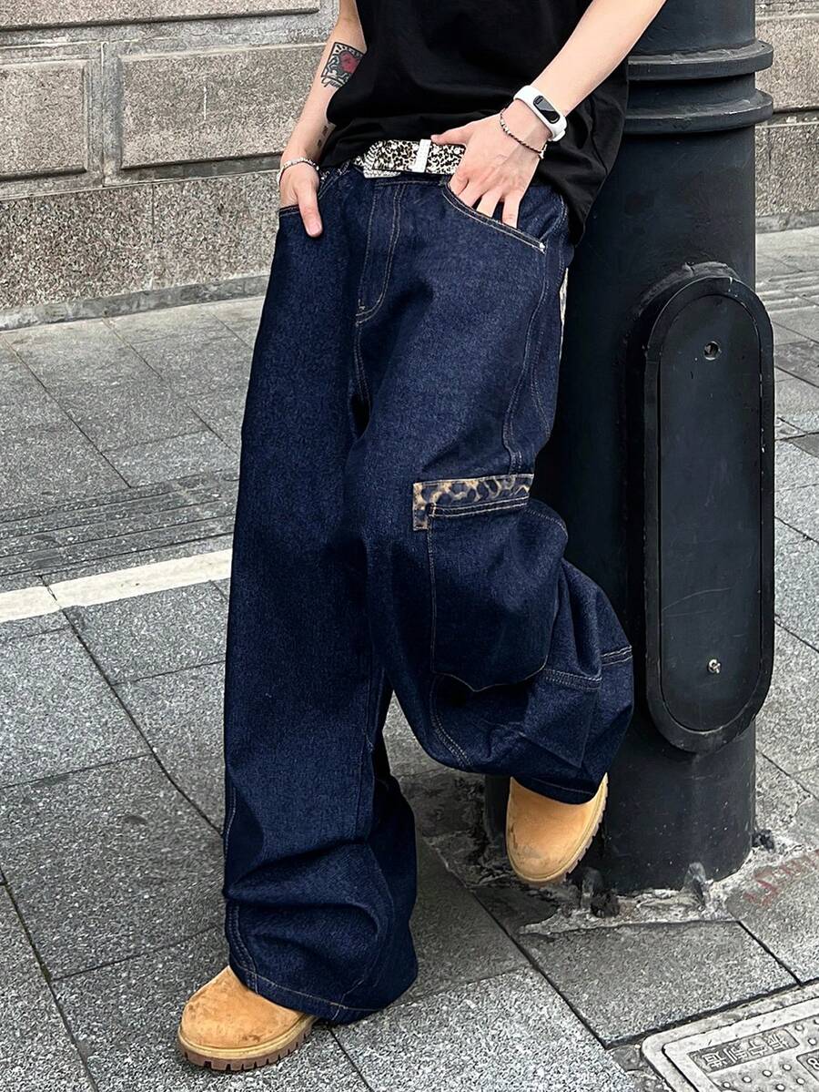 1件装 时尚拼接豹纹印花休闲宽松阔腿牛仔裤,男士街头风(产品不含腰带和配饰) - 深色水洗藍 - 查看 1