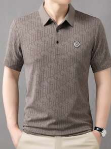 Men's Summer Letter Print Pique Knit Polo Shirt, Waffle Pattern Collar, Lightweight Business Casual - Brown - View 3