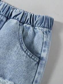 2pcs/Set Girls Casual Everyday Butterfly Jacquard Top And Distressed Light Wash Denim Jeans Pants