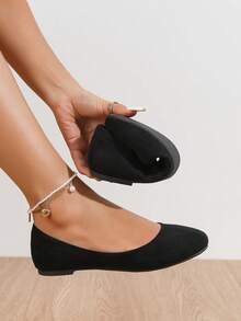 1 Pair Women's Faux Suede Microfiber Ballet Flats - Multi - Color Slip - On Round Toe Flats For Casual Daily Wear, Office & Weekend Outings - Black - View 3