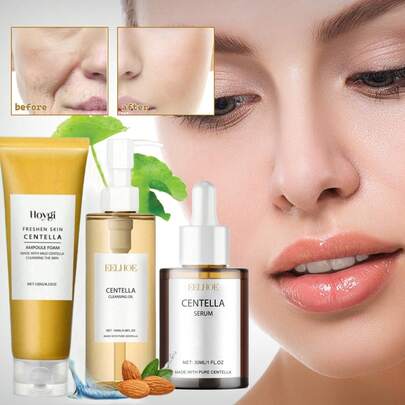 Bộ 3 sản phẩm chăm sóc da rau má Châu Á, dầu tẩy trang 100ml, sữa rửa mặt 120g, tinh chất 30ml, làm sạch lỗ chân lông và giảm nếp nhăn, bộ quà tặng hoàn hảo cho kỳ nghỉ lễ