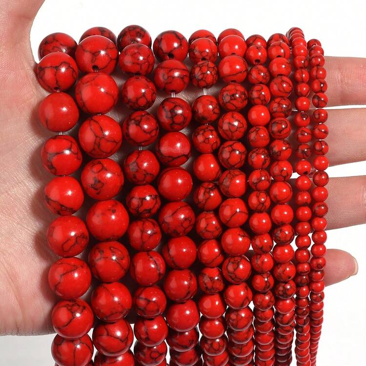 1pc Natural Red Turquoise Round Beads 4/6/8/10/12mm, Fashion Denim Christmas Red DIY Beading, Suitable For Making Bracelets, Necklaces, Jewelry, Couples Bracelets, Phone Chains, Keychains, Wholesale Beads - Red Turquoise - View 2