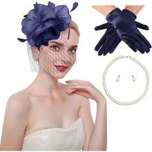 Ibeauti Fascinator Hats With Screentouch Lace Gloves Set Women Tea Party Cocktail Wedding Derby Headwear Short Gloves - 04 海軍藍 - 查看 1