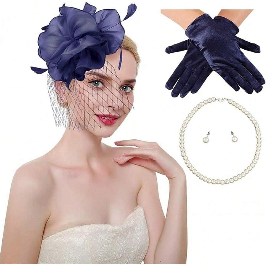 Ibeauti Fascinator Hats With Screentouch Lace Gloves Set Women Tea Party Cocktail Wedding Derby Headwear Short Gloves - 04 海軍藍 - 查看 1