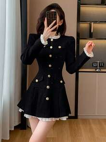 RUIWY 女士优雅修身腰部防晒披肩领黑色连衣裙，带褶边细节，适合春夏秋季 - 黑色 - 查看 2